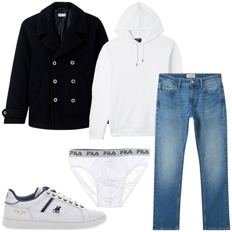 Outfit uomo - Total look #2079113. Stile Casual per Tutti i giorni. Abbinamento con jeans, cappotti, felpe con cappuccio, sneakers, slip.