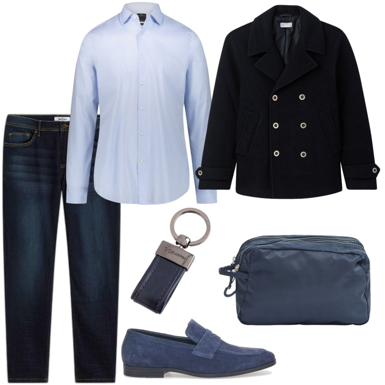 Outfit uomo - Total look #2079114. Stile Casual per Tutti i giorni. Abbinamento con jeans slim fit, borse sportive, cappotti, camicie, scarpe stringate, portachiavi.