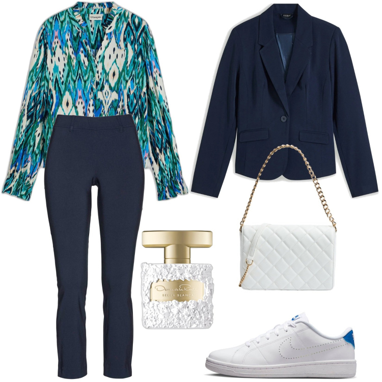 Outfit donna - Total look #2079119. Stile Casual per Ufficio. Abbinamento con blazer, bluse, pantaloni, profumi, borse a tracolla, sneakers.