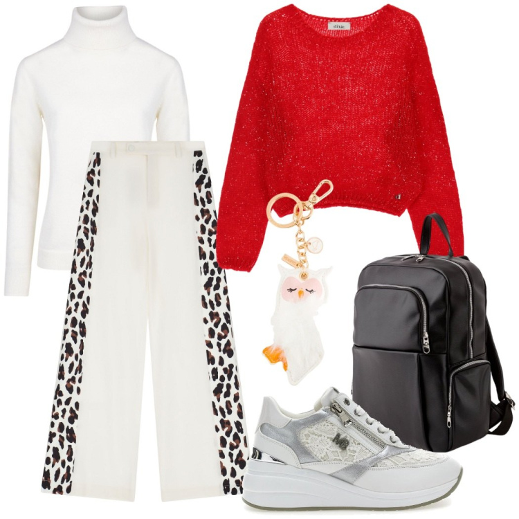 Outfit donna - Total look #2079138. Stile Urban per Tutti i giorni. Abbinamento con pantaloni a palazzo, maglieria, scarpe stringate, maglieria, portachiavi, zaini.