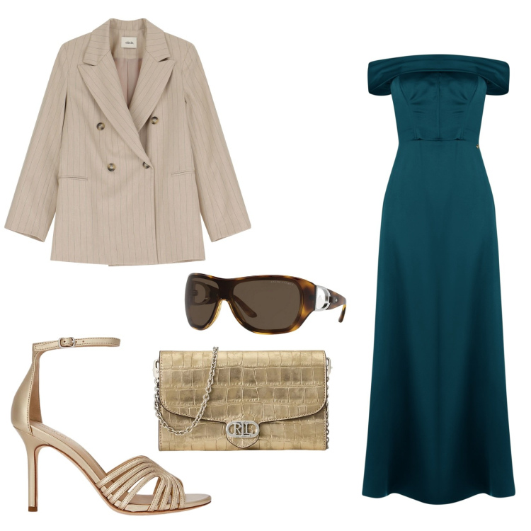 Outfit donna - Giacca beige. Stile Glamour per Cerimonia. Abbinamento con vestiti lunghi, blazer, sandali in pelle, occhiali da sole, borse a tracolla.