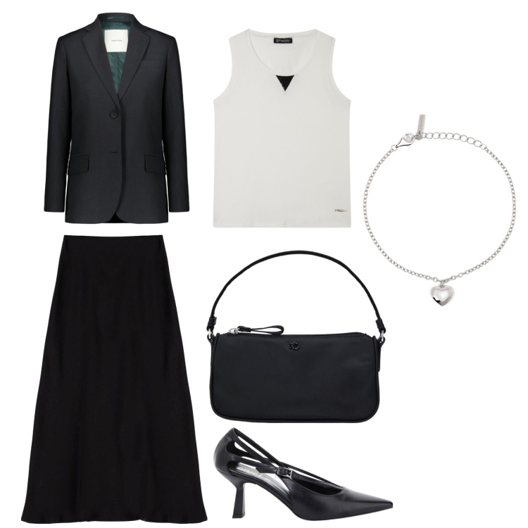 Outfit donna - Blazer. Stile Glamour per Ufficio. Abbinamento con braccialetti con ciondoli, gonne longuette, canottiere, décolleté, pochette, blazer.