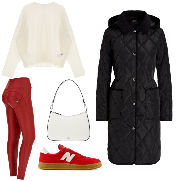 Outfit donna - Pantalone rosso. Stile Casual chic per Tutti i giorni. Abbinamento con sneakers, pantaloni skinny, cappotti, borse a spalla, pullovers.