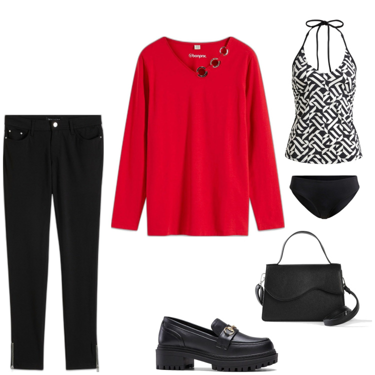 Outfit donna - Maglia rossa. Stile Casual chic per Tutti i giorni. Abbinamento con maglieria, pantaloni, costumi interi, mocassini, borse a tracolla.