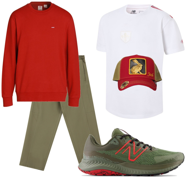 Outfit uomo - Total look #2079155. Stile Casual per Tutti i giorni. Abbinamento con felpe, sneakers, t-shirt, pantaloni cargo, cappelli con visiera.