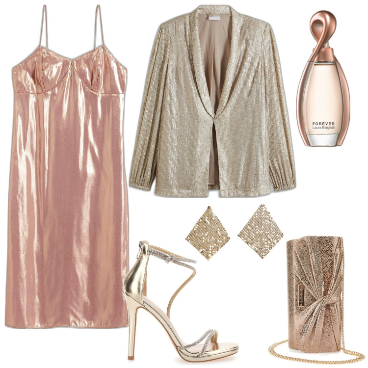 Outfit donna - Party. Stile Glamour per Cerimonia. Abbinamento con blazer, vestiti, profumi, orecchini, sandali col tacco, pochette.