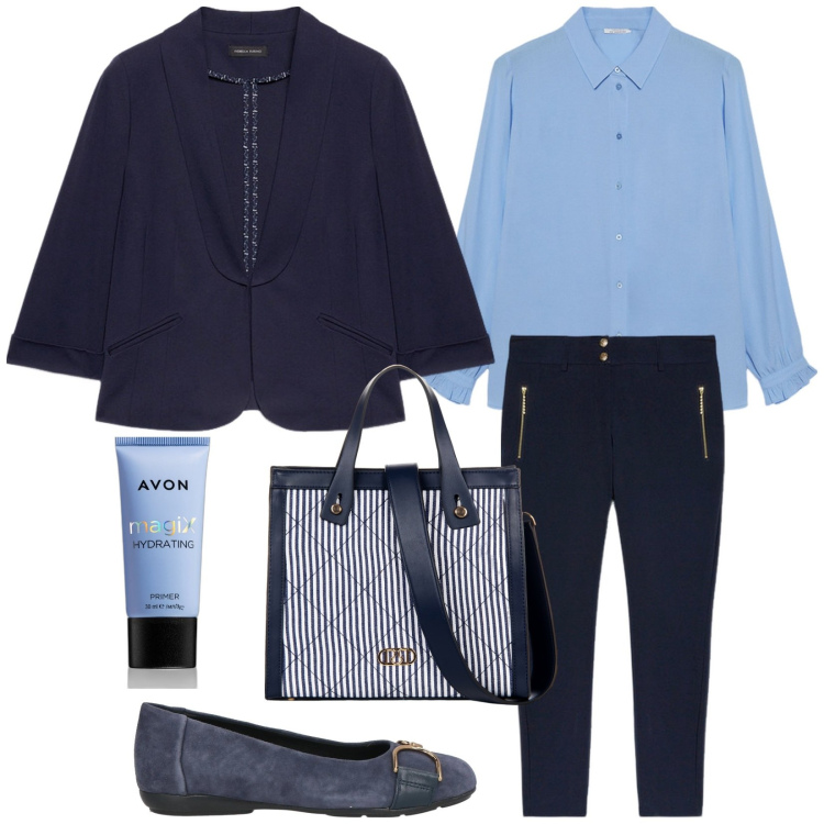 Outfit donna - Blazer per l\'ufficio. Stile Bon Ton per Ufficio. Abbinamento con ballerine, primer, shopping bag, pantaloni skinny, blazer, camicie.