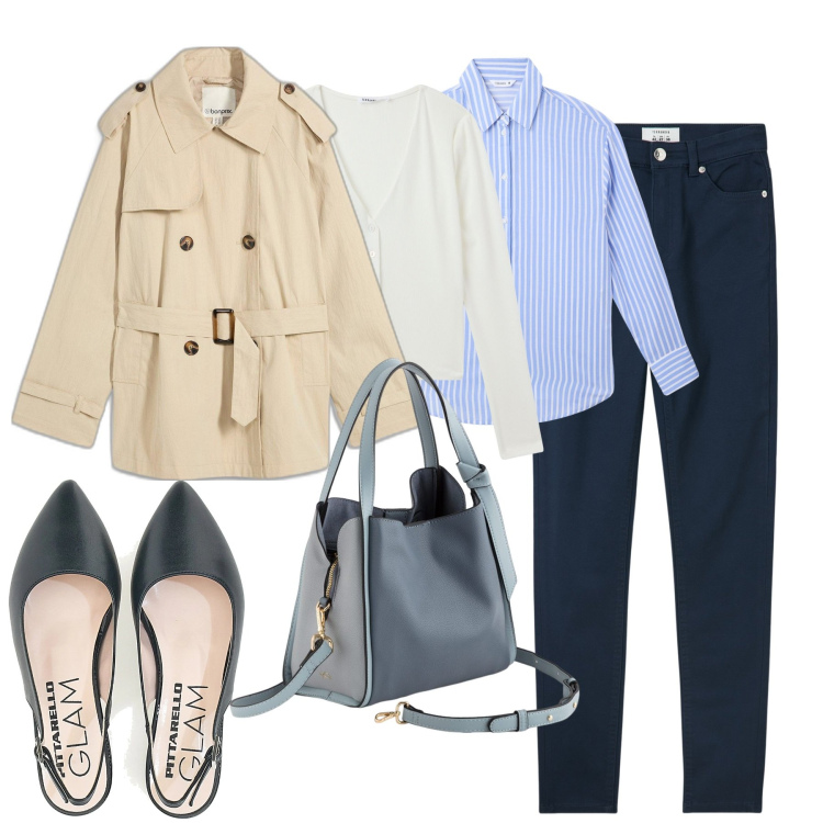 Outfit donna - Vestirsi a strati in primavera. Stile Urban per Tutti i giorni. Abbinamento con trench, pantaloni skinny, camicie, cardigans, ballerine, borse a mano.