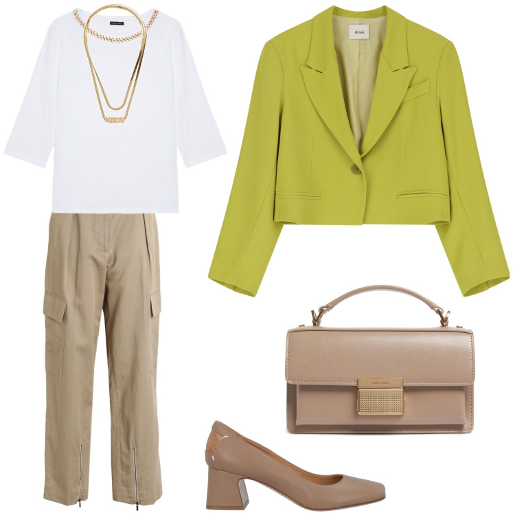 Outfit donna - Un caffè con le amiche. Stile Casual chic per Tutti i giorni. Abbinamento con collane, pantaloni cargo, décolleté, blazer, t-shirt, borse a mano.