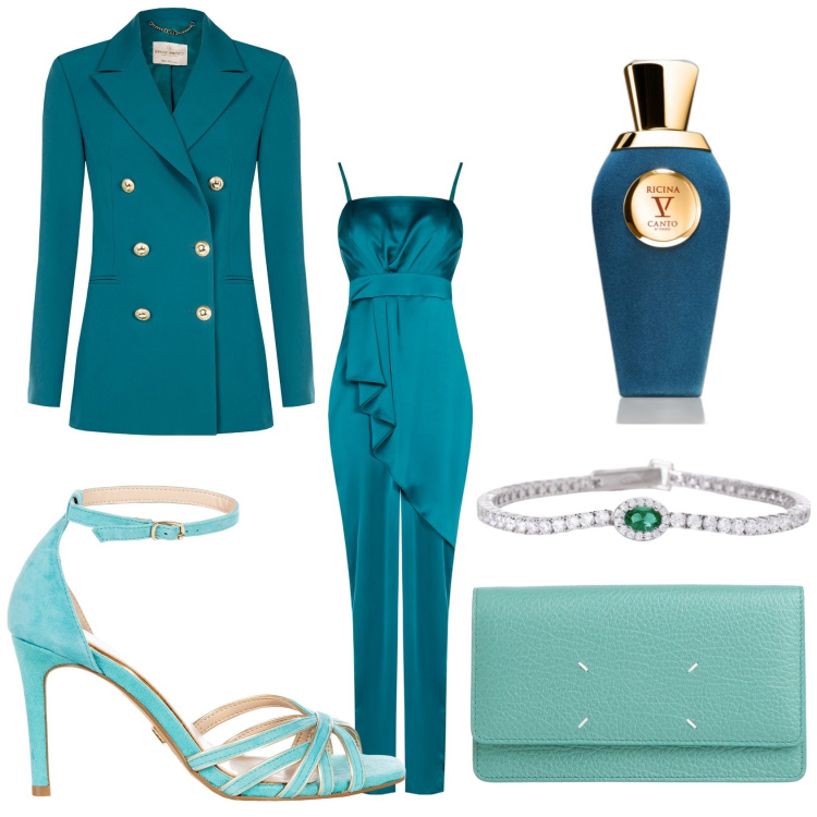 Outfit donna - A tutto Ottanio. Stile Chic per Serata fuori. Abbinamento con borse a mano, profumi, braccialetti, tute, blazer, sandali col tacco.