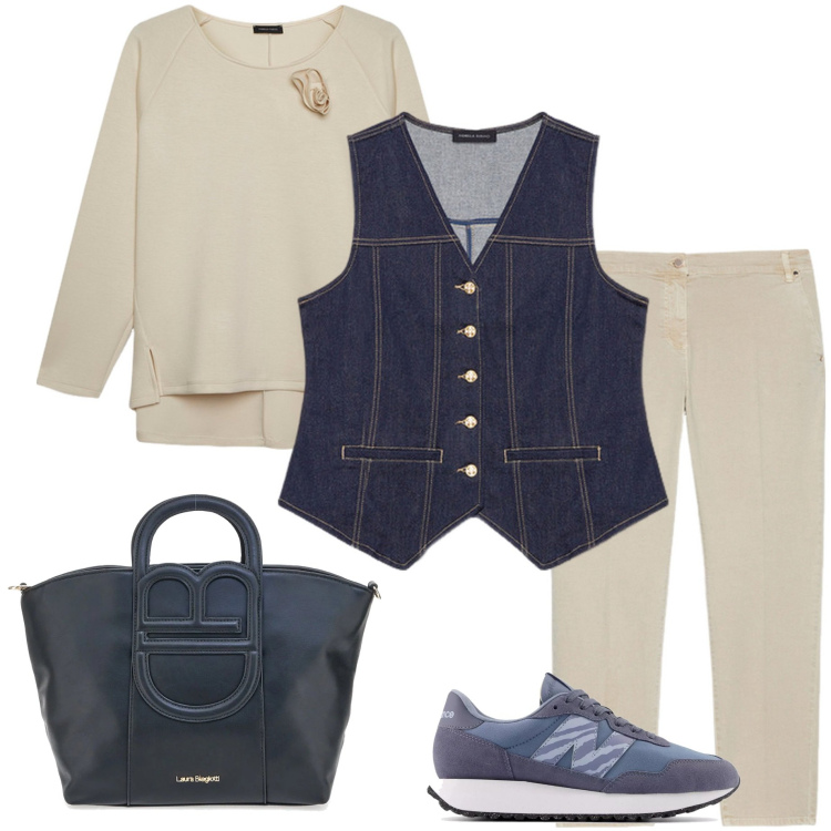 Outfit donna - Gilet in denim. Stile Casual chic per Ufficio. Abbinamento con sneakers, pantaloni chino, gilet, felpe, borse a tracolla.