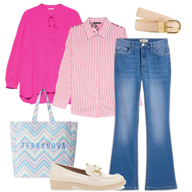 Outfit donna - Righe su righe. Stile Casual chic per Tutti i giorni. Abbinamento con jeans bootcut, borse tote, mocassini, bluse, camicie, cinture.