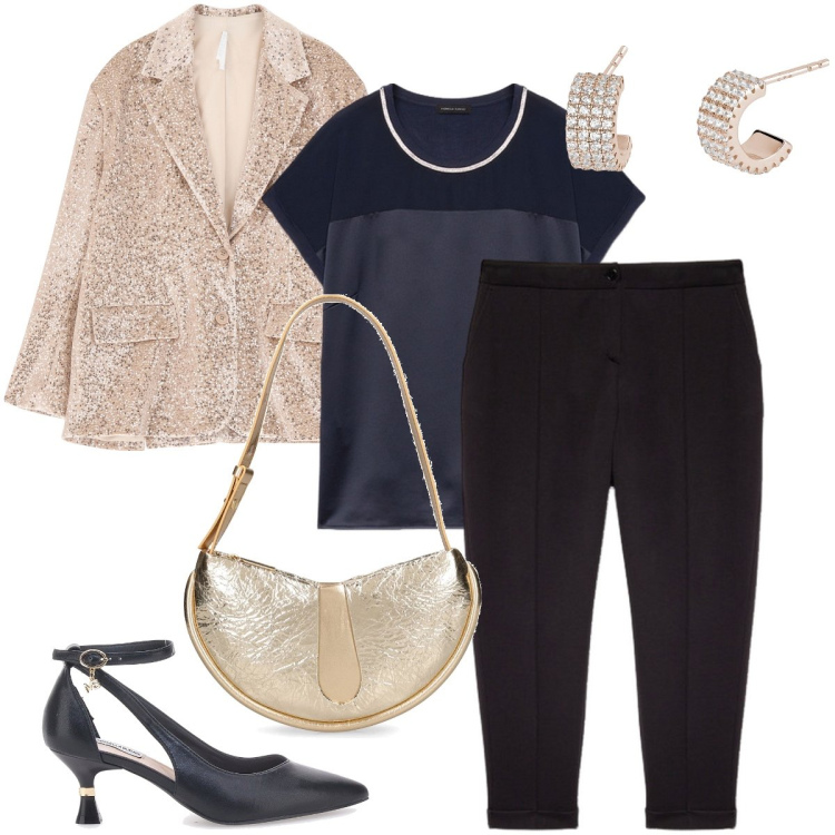 Outfit donna - La giacca glitterata. Stile Glamour per Serata fuori. Abbinamento con orecchini, blazer, décolleté, pantaloni chino, top, borse a spalla.