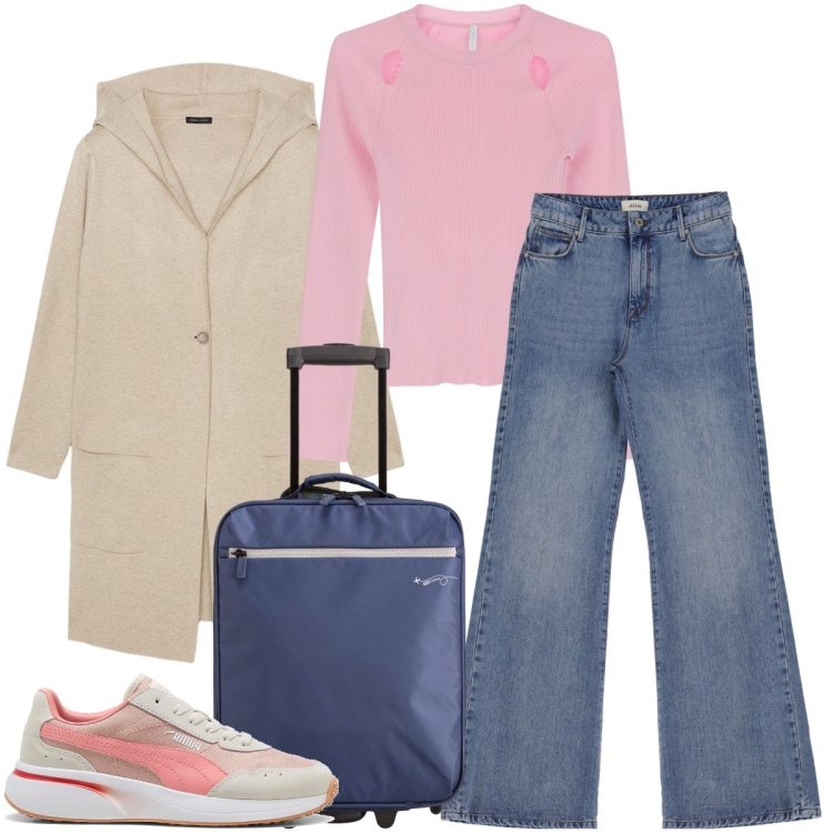 Outfit donna - Weekend di relax. Stile Casual per Tutti i giorni. Abbinamento con maglieria, jeans, sneakers, cardigans, valigie.