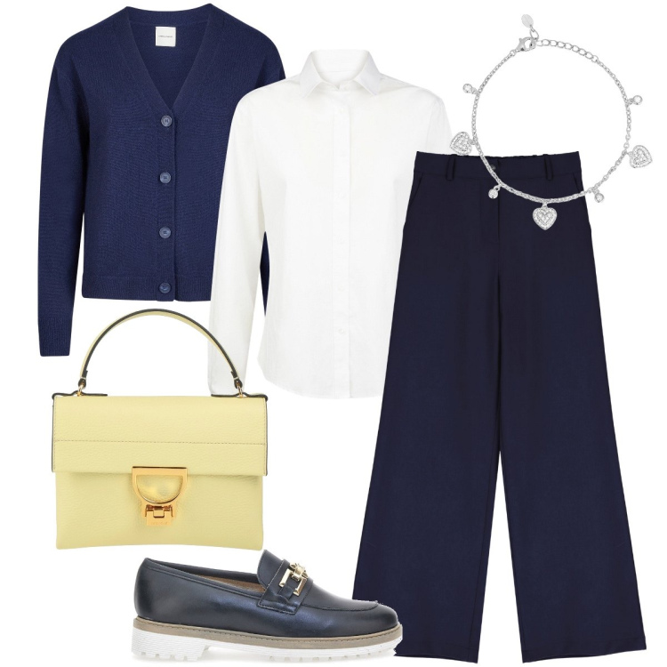 Outfit donna - Stile blu. Stile Mannish per Ufficio. Abbinamento con borse a mano, braccialetti, pantaloni a palazzo, mocassini, cardigans, camicie.