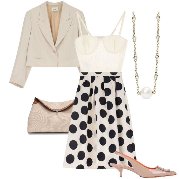 Outfit donna - La gonna a pois. Stile Chic per Cerimonia. Abbinamento con décolleté, collane, blazer, top, gonne longuette, clutch.