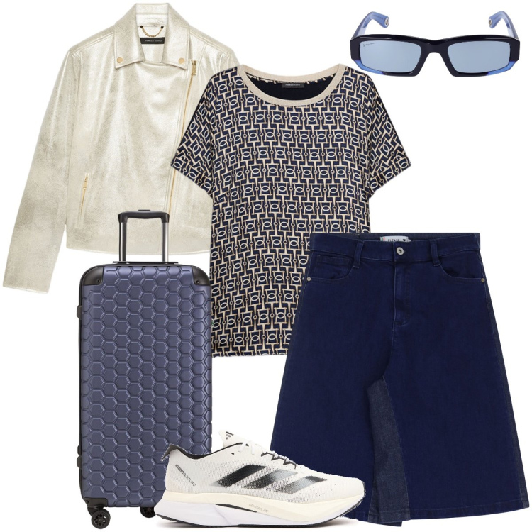 Outfit donna - La gonna in jeans. Stile Trendy per Tutti i giorni. Abbinamento con bermuda, t-shirt, sneakers, occhiali da sole, blazer, valigie.