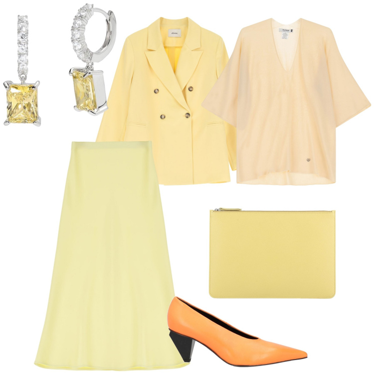 Outfit donna - Today all is yellow. Stile Trendy per Ufficio. Abbinamento con pochette, décolleté, orecchini, maglieria, gonne longuette, blazer.