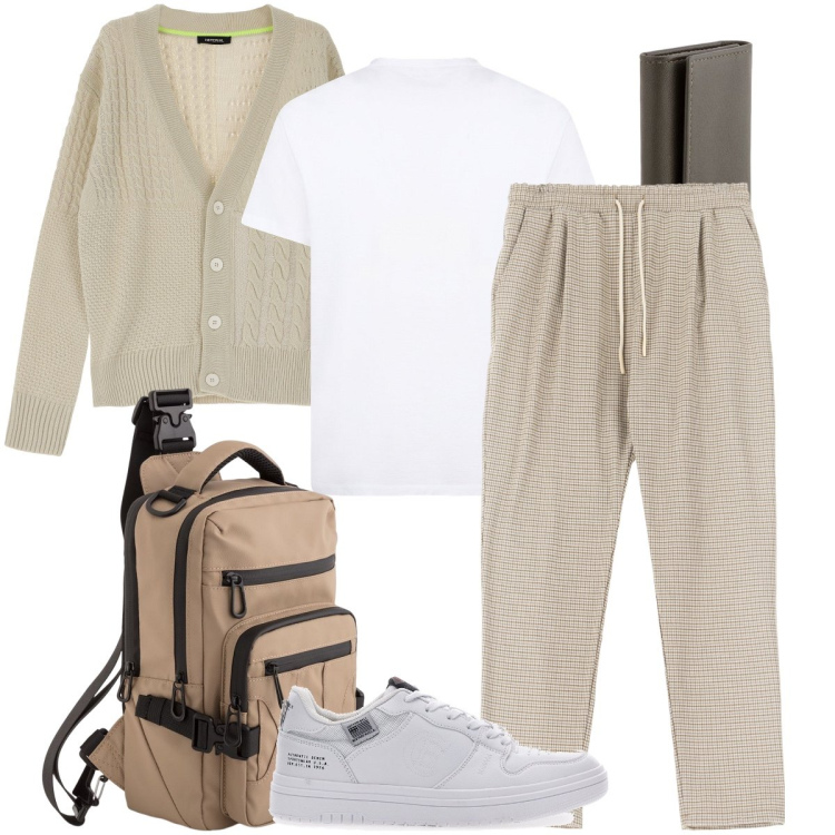 Outfit uomo - Weekend di relax. Stile Casual per Tutti i giorni. Abbinamento con pantaloni, cardigans, sneakers, t-shirt, portachiavi, borse sportive.