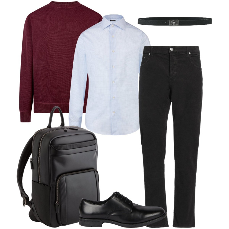 Outfit uomo - Appuntamento di lavoro. Stile Business/Elegante per Ufficio. Abbinamento con pantaloni, cinture, maglieria, scarpe stringate, camicie, borse sportive.
