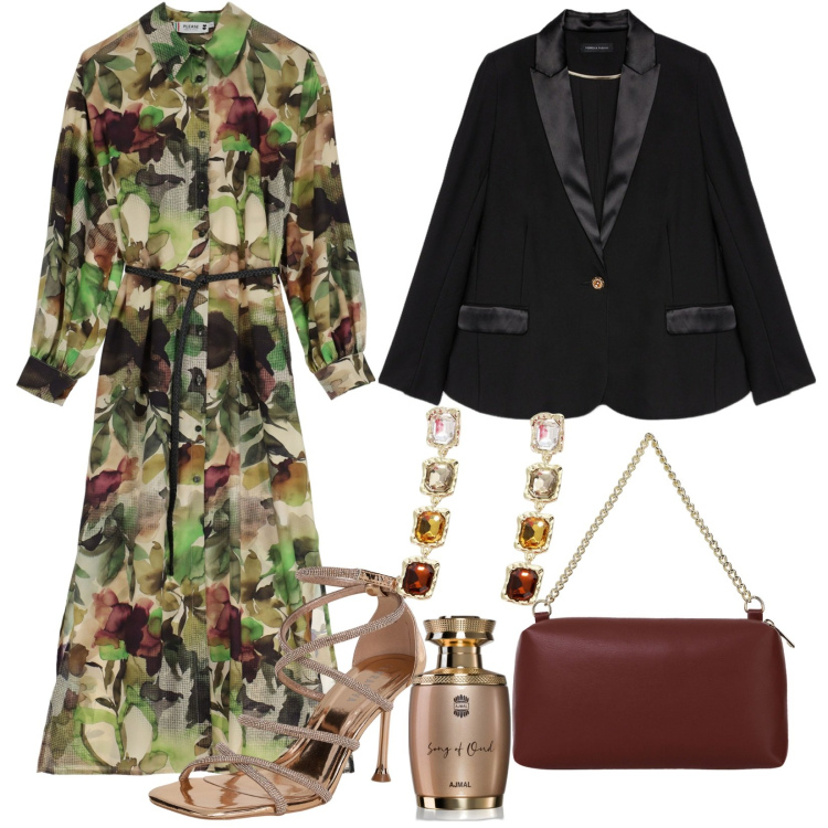Outfit donna - Weekend. Stile Chic per Tutti i giorni. Abbinamento con profumi, sandali col tacco, vestiti lunghi, borse a tracolla, orecchini, blazer.
