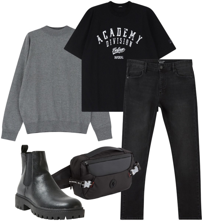 Outfit uomo - I jeans skinny. Stile Biker Rock per Tutti i giorni. Abbinamento con jeans skinny, stivali e stivaletti, maglieria, t-shirt, borse sportive.