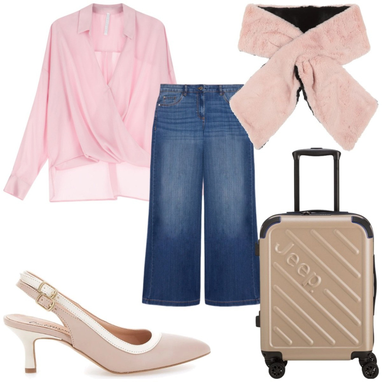 Outfit donna - Total look #2079231. Stile Trendy per Tutti i giorni. Abbinamento con sciarpe, bluse, décolleté, jeans, valigie.