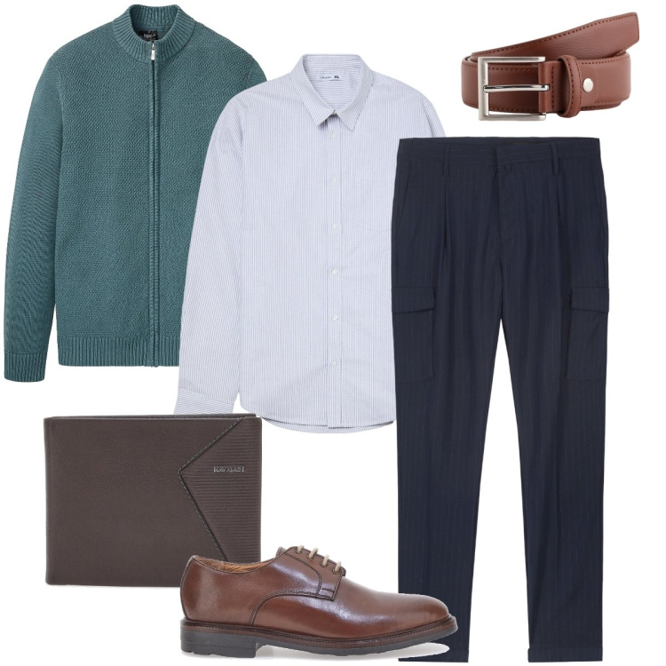 Outfit uomo - Il cardigan verde mare. Stile Business/Elegante per Ufficio. Abbinamento con cardigans, camicie, scarpe stringate, portafogli, pantaloni cargo, cinture.