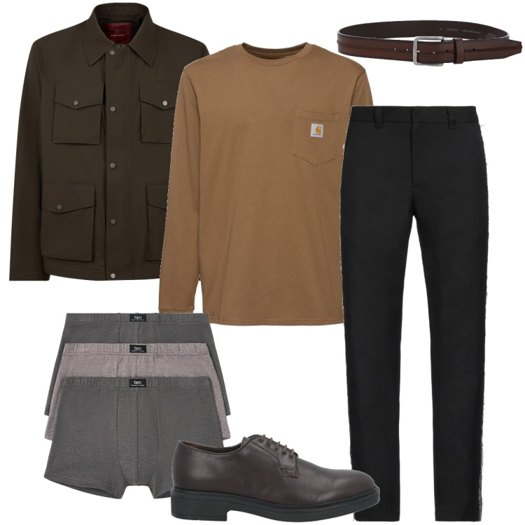 Outfit uomo - Il giubbotto color moka. Stile Urban per Ufficio. Abbinamento con boxer, scarpe stringate, jeans dritti, cinture, giacche, t-shirt.