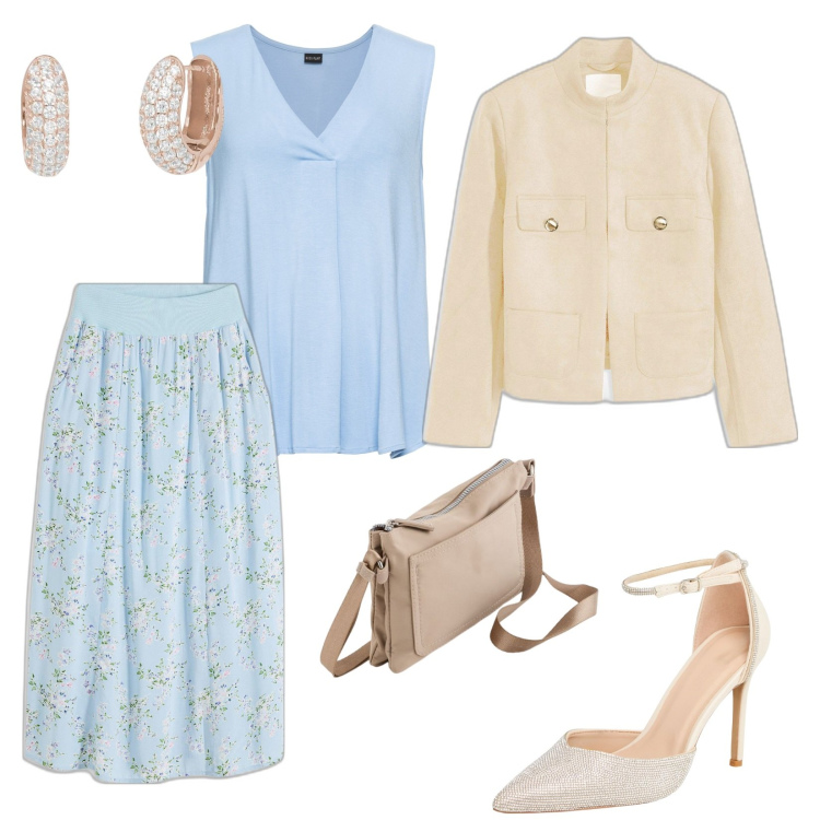 Outfit donna - Per una semplice cerimonia. per Cerimonia. Abbinamento con top, gonne lunghe, blazer, décolleté, orecchini, borse a tracolla.