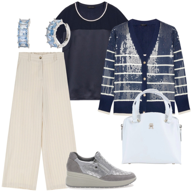 Outfit donna - Sabato mattina. per Tutti i giorni. Abbinamento con borse a mano, orecchini, pantaloni a palazzo, sneakers, top, cardigans.