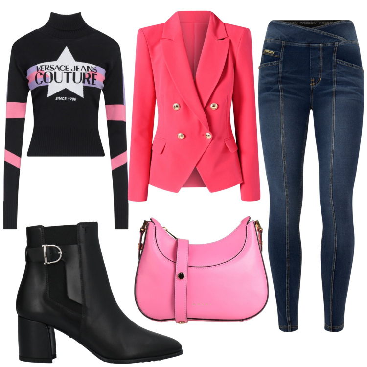 Outfit donna - Total look #2079254. Stile Casual per Scuola/Università. Abbinamento con stivaletti, maglieria, borse a tracolla, blazer, jeans skinny.