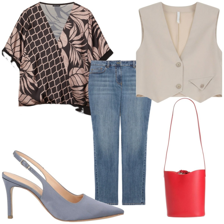 Outfit donna - Total look #2079262. Stile Trendy per Tutti i giorni. Abbinamento con décolleté, borse a mano, gilet, jeans skinny, bluse.