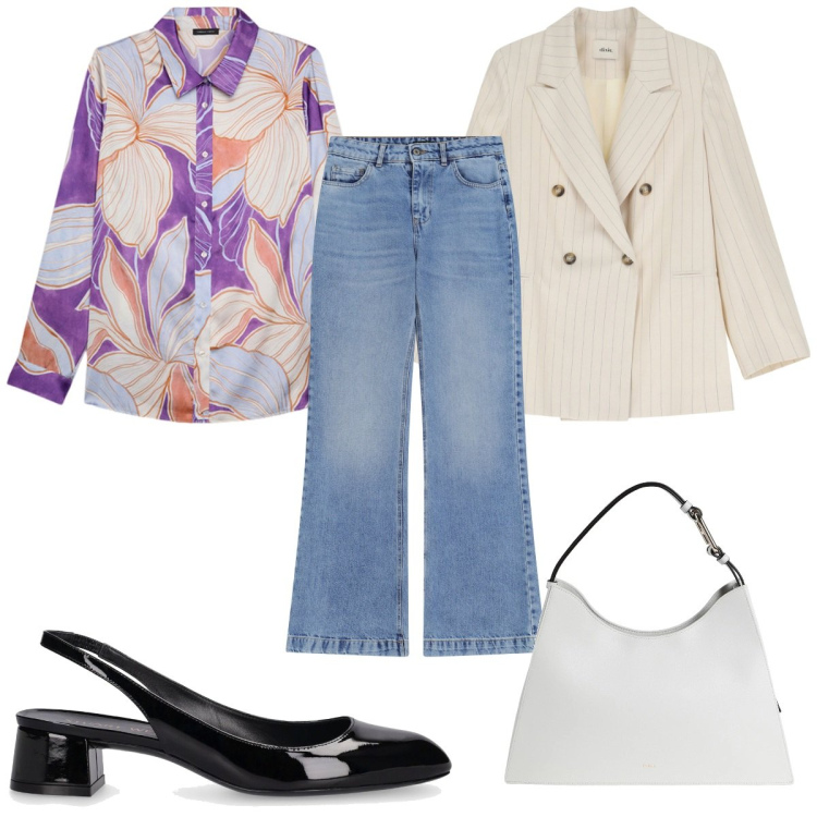 Outfit donna - Total look #2079265. Stile Trendy per Tutti i giorni. Abbinamento con borse a mano, jeans, blazer, camicie, décolleté.