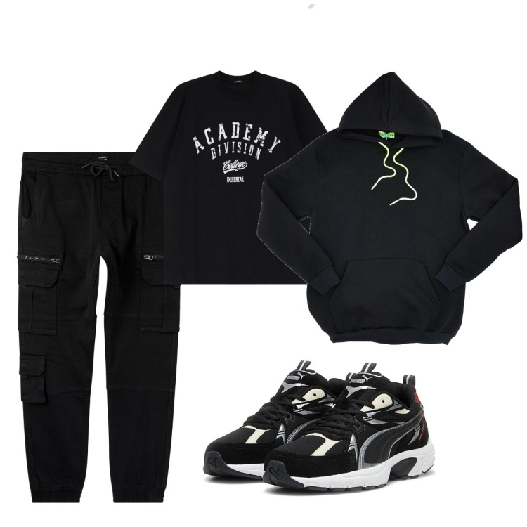 Outfit uomo - Total black. Stile Casual per Sport. Abbinamento con pantaloni cargo, t-shirt, sneakers, felpe con cappuccio.