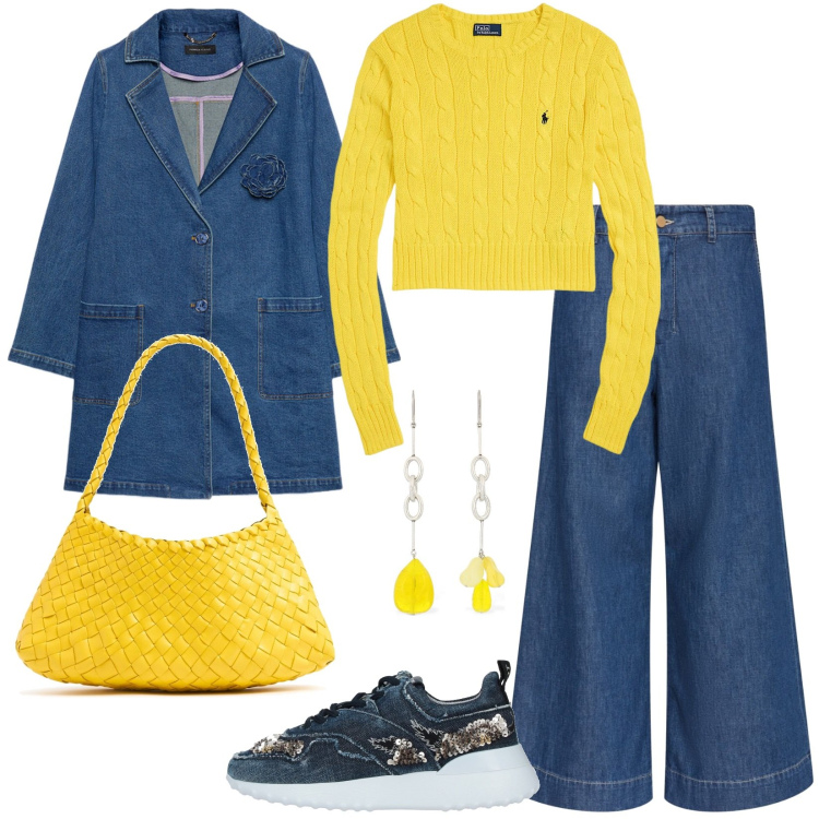 Outfit donna - Giallo mimosa: auguri a tutte le donne!. Stile Casual per Tutti i giorni. Abbinamento con sneakers, maglieria, trench, jeans, orecchini, borse a spalla.