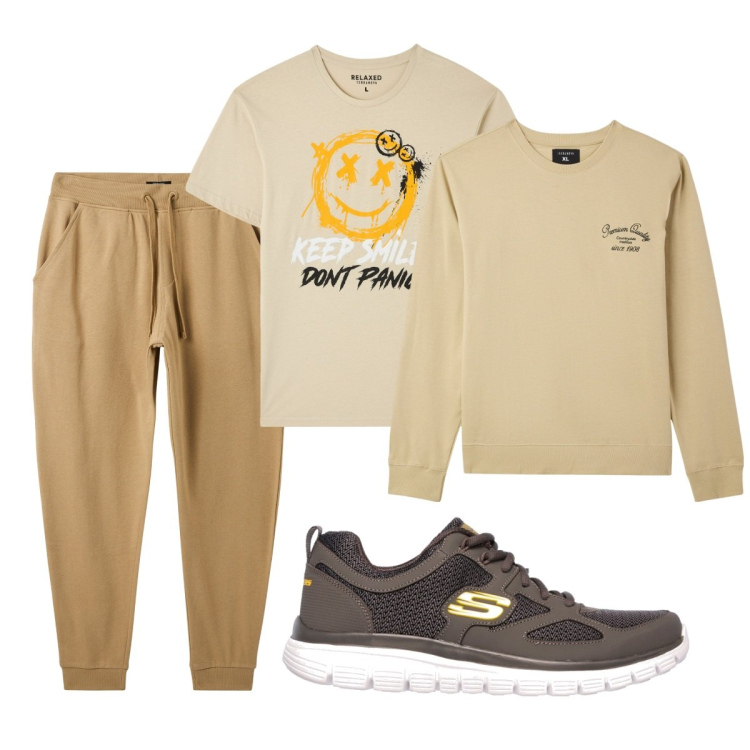 Outfit uomo - Sport a Primavera. Stile Casual per Sport. Abbinamento con t-shirt, felpe, pantaloni, sneakers.