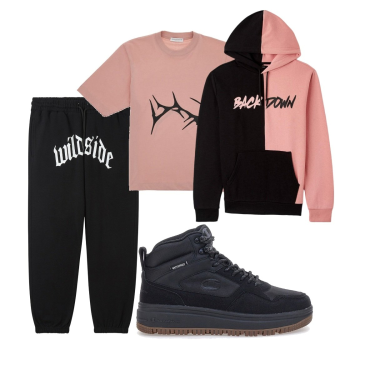 Outfit uomo - Total look #2079281. Stile Casual per Tutti i giorni. Abbinamento con felpe con cappuccio, pantaloni, sneakers, t-shirt.