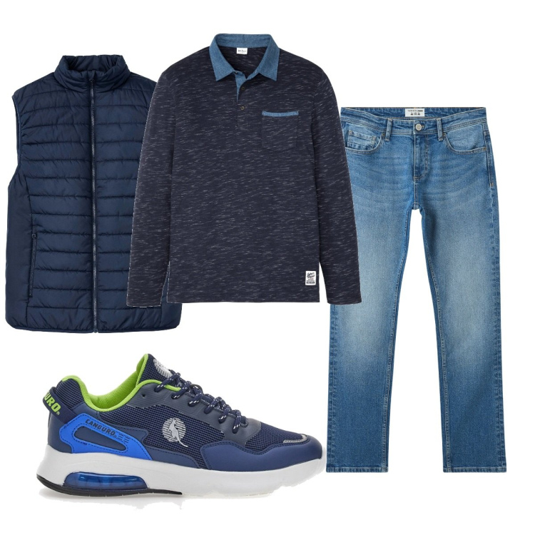 Outfit uomo - Total look #2079282. Stile Casual per Tutti i giorni. Abbinamento con polo, gilet, jeans, sneakers.