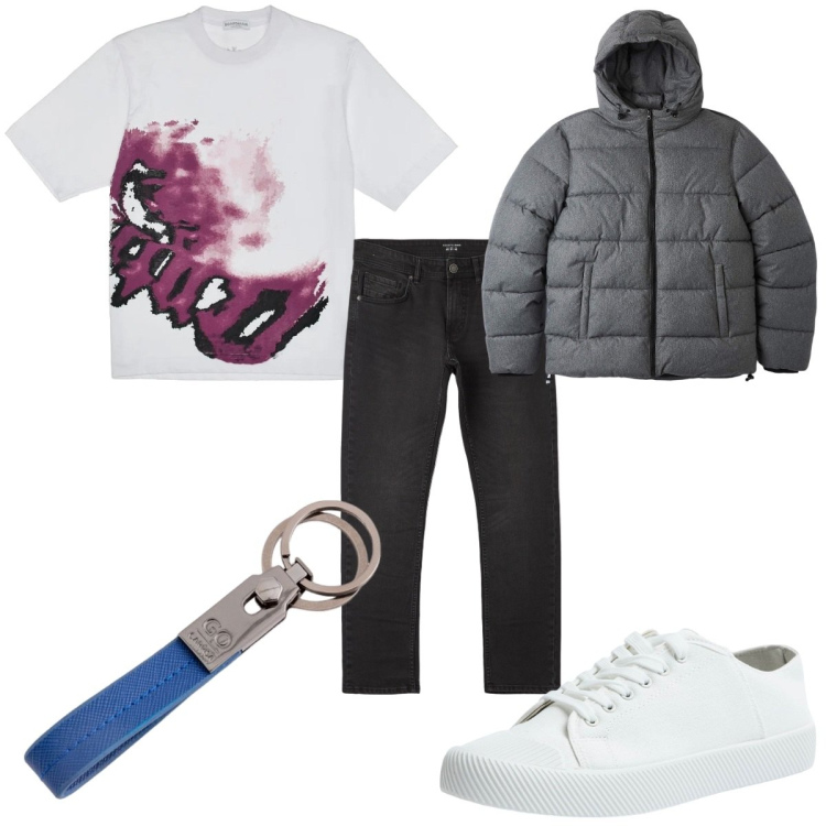 Outfit uomo - Total look #2079289. Stile Trendy per Tutti i giorni. Abbinamento con jeans dritti, piumini, sneakers, t-shirt, portachiavi.