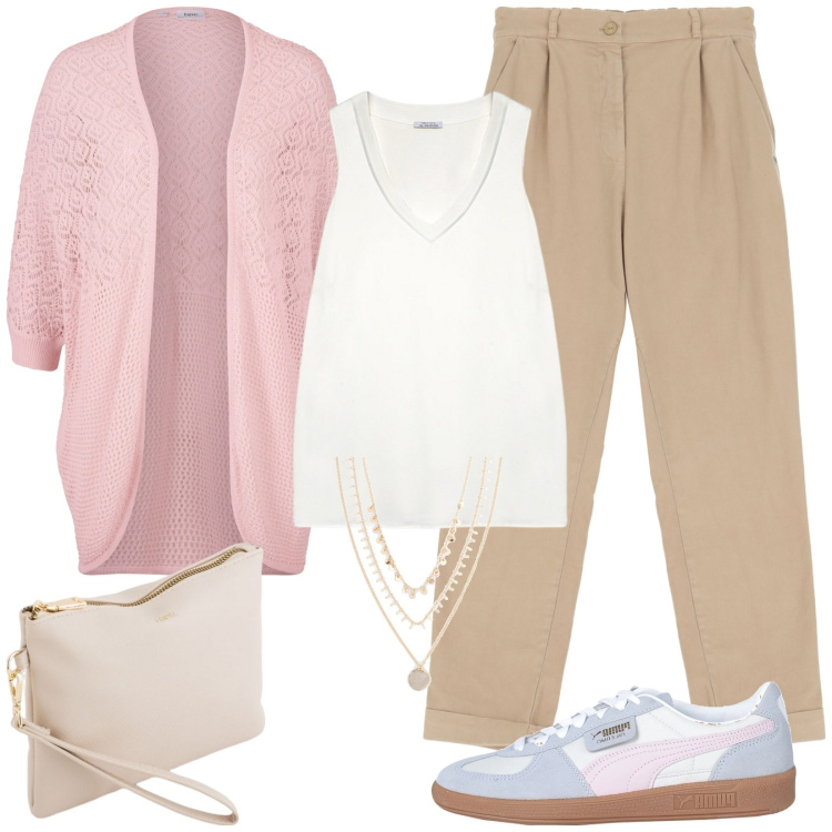 Outfit donna - Sporty style. Stile Casual per Tutti i giorni. Abbinamento con collane, cardigans, sneakers, pantaloni chino, top, pochette.