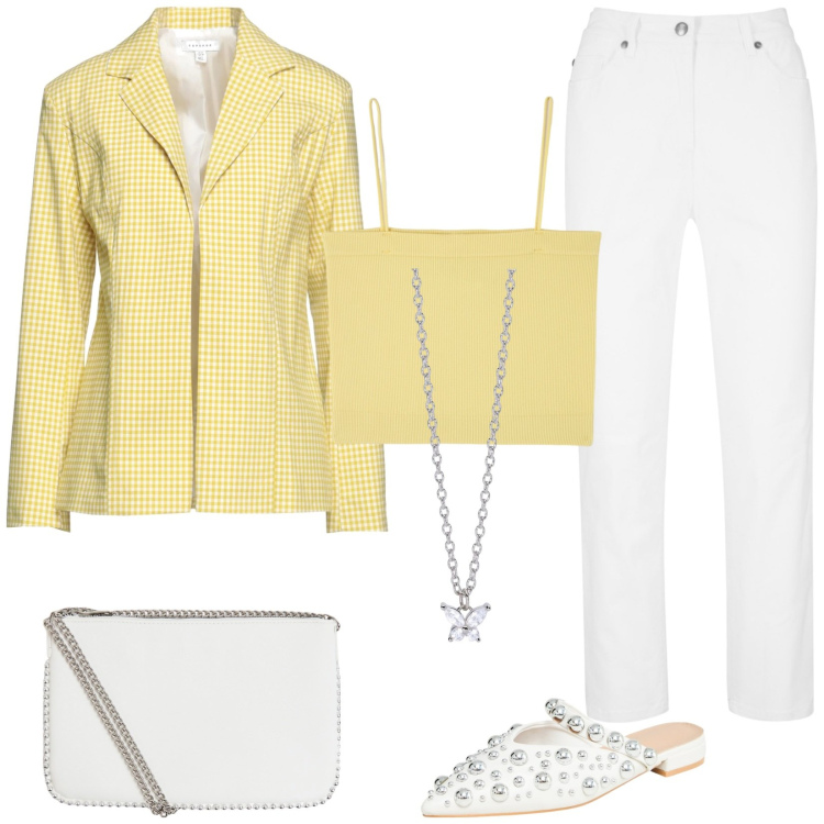 Outfit donna - Blazer in stampa Vichy. Stile Casual per Tutti i giorni. Abbinamento con pantaloni, blazer, ballerine, canottiere, borse a tracolla, collane.