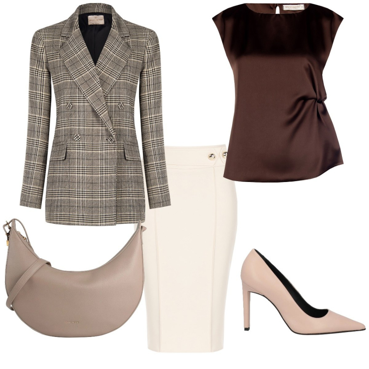 Outfit donna - Donna di classe. Stile Bon Ton per Serata fuori. Abbinamento con décolleté, borse a tracolla, top, gonne longuette, blazer.