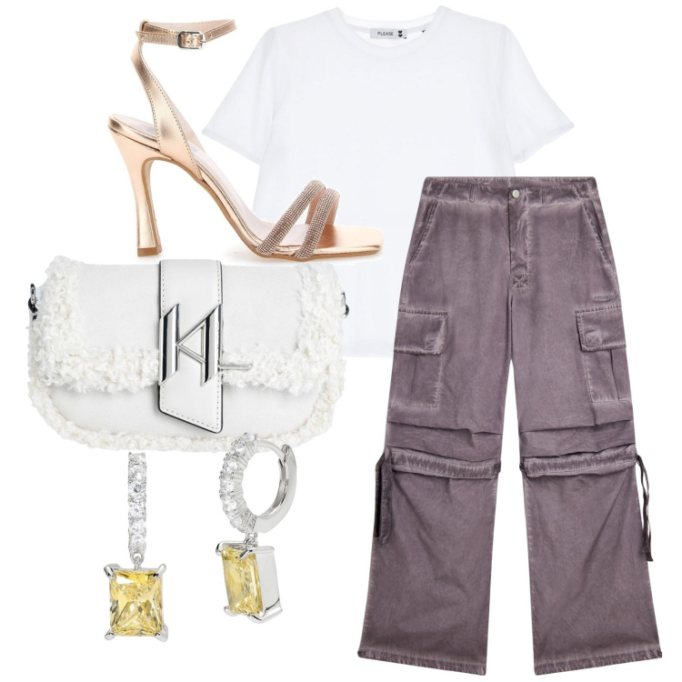 Outfit donna - Stile cargo. Stile Casual chic per Tutti i giorni. Abbinamento con borse a spalla, orecchini, t-shirt, pantaloni cargo, sandali col tacco.