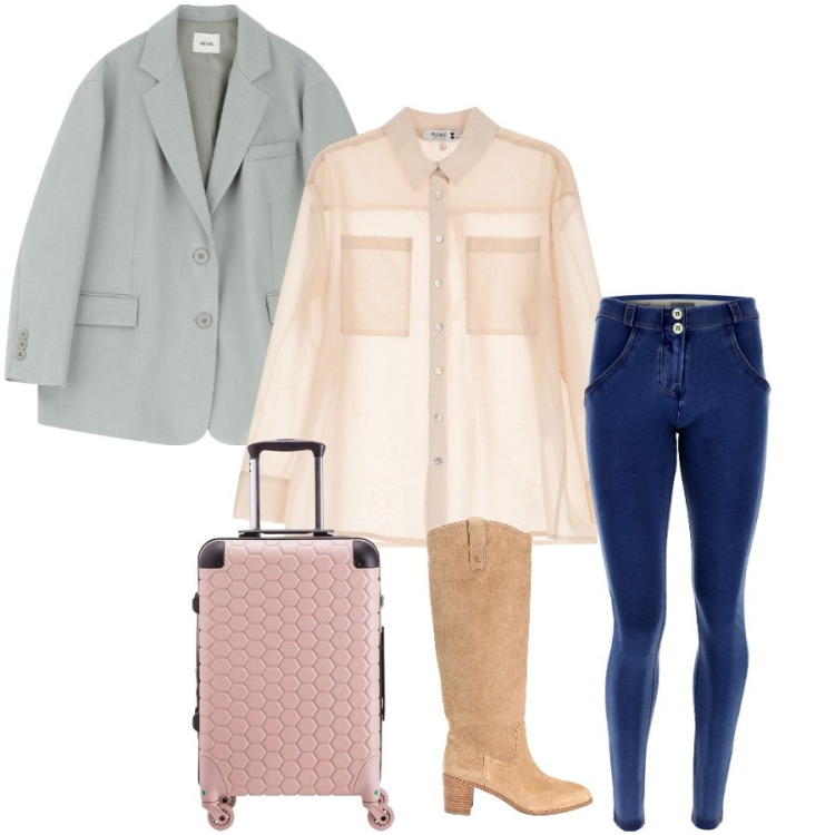 Outfit donna - Partiamo. Stile Casual chic per Tutti i giorni. Abbinamento con stivali, camicie, jeggings, blazer, valigie.