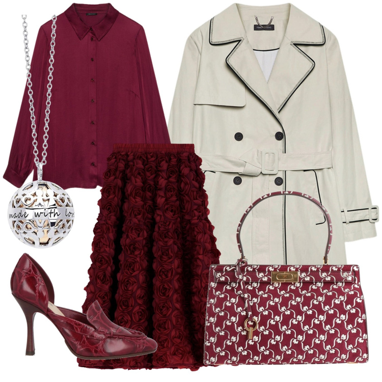 Outfit donna - Femminilità primaverile. Stile Bon Ton per Tutti i giorni. Abbinamento con décolleté, borse a mano, collane, gonne, camicie, trench.