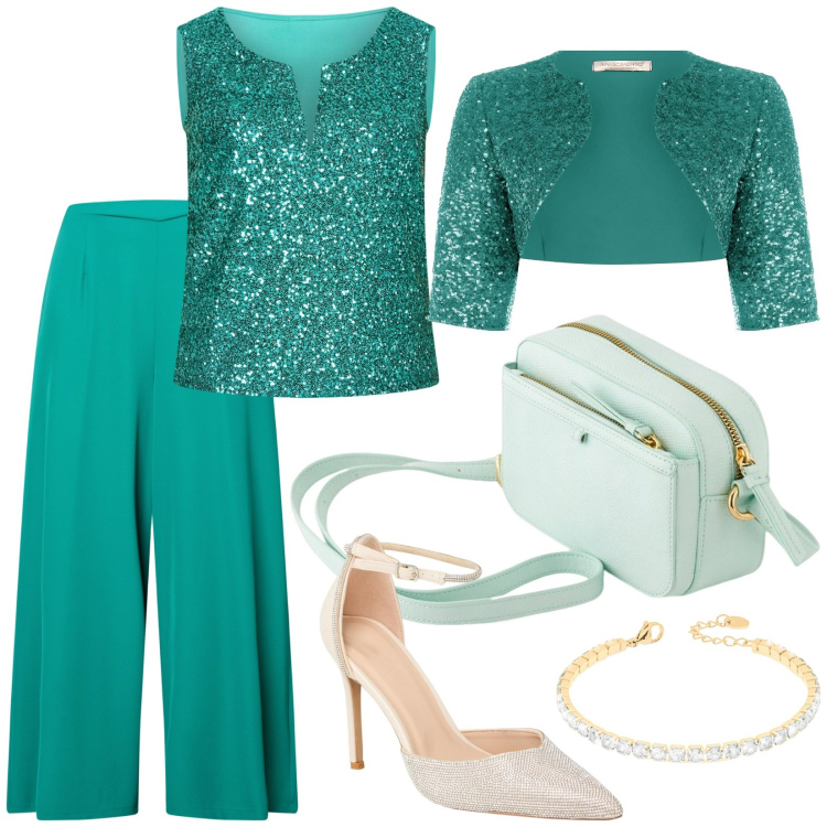 Outfit donna - Total look #2079333. Stile Chic per Cerimonia. Abbinamento con décolleté, pantaloni a palazzo, top, bolero, braccialetti, borse a tracolla.