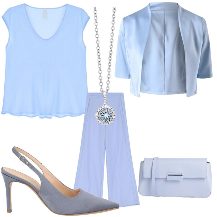 Outfit donna - Cerimonia a marzo. Stile Glamour per Cerimonia. Abbinamento con décolleté, borse a tracolla, collane, bolero, top, pantaloni a palazzo.