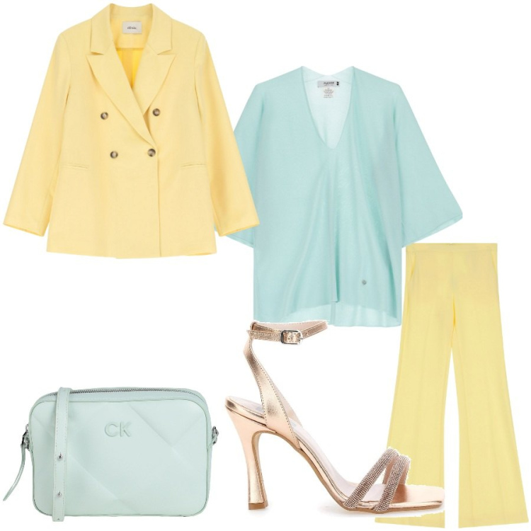 Outfit donna - Menta e limone. Stile Glamour per Cerimonia. Abbinamento con borse a tracolla, maglieria, blazer, pantaloni, sandali col tacco.
