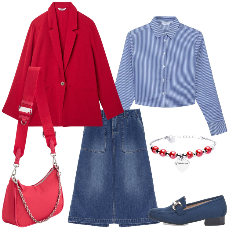 Outfit donna - Gonna midi casual chic. Stile Casual chic per Tutti i giorni. Abbinamento con blazer, camicie, gonne, braccialetti, mocassini, borse a tracolla.